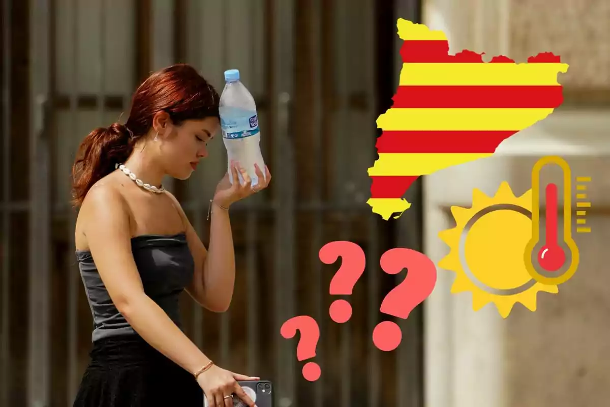 Una mujer sostiene una botella de agua en su frente mientras camina, con un mapa de Cataluña, un sol con un termómetro y signos de interrogación superpuestos en la imagen. Una mujer sostiene una botella de agua en su frente mientras camina, con un mapa de Cataluña, un sol con un termómetro y signos de interrogación superpuestos en la imagen.